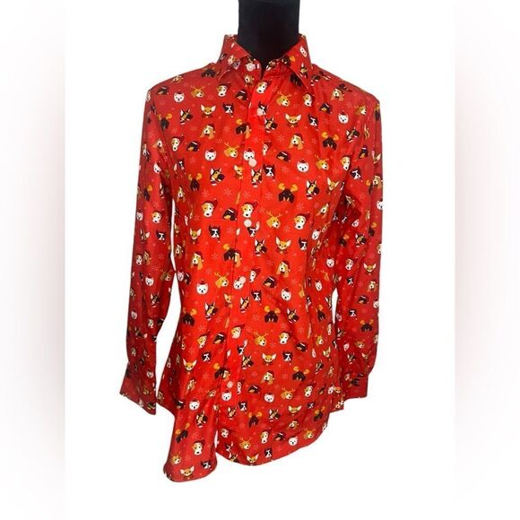 SIMON BANKS CHRISTMAS FESTIVE HOLIDAY PARTY SANTA CLAUS DOG BUTTON UP MENS SMALL - Picture 2 of 9